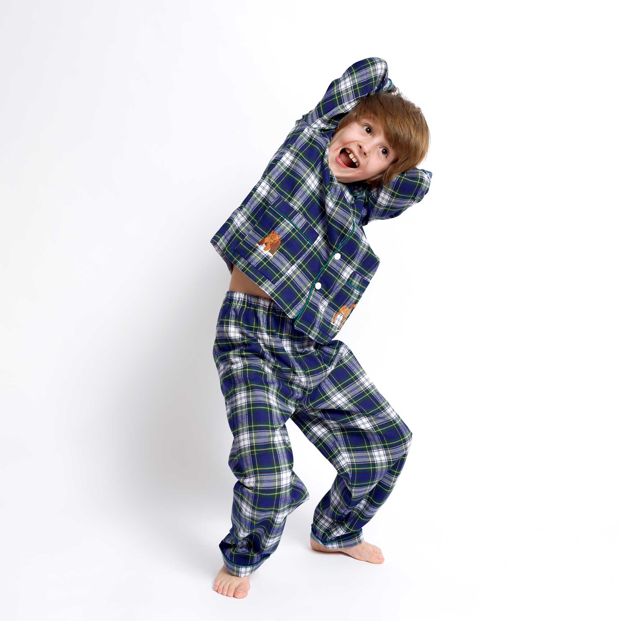 Kids - Pyjama Collection - Scottish Checkered Blue & Green Piping (Mountain Animals)