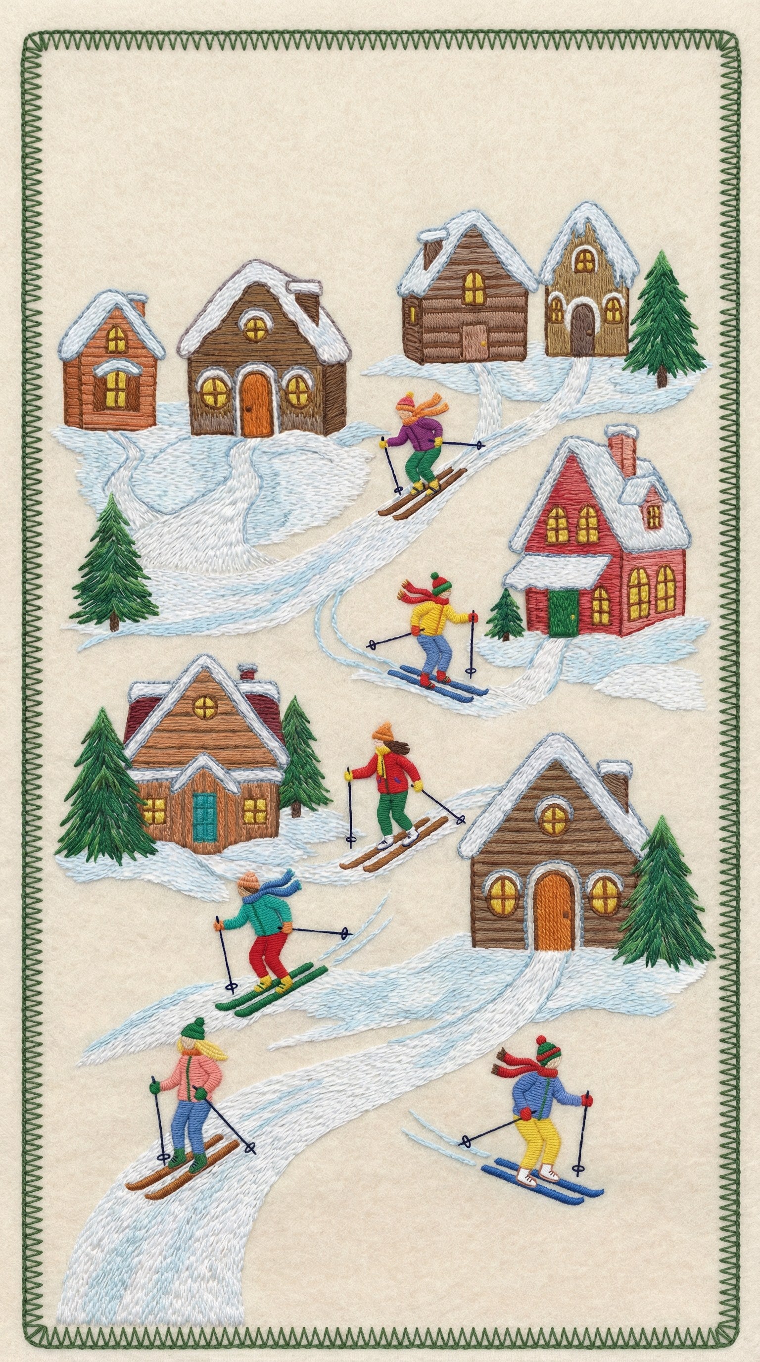 Embroidered linen throw with a winter village scene — Maison Alia