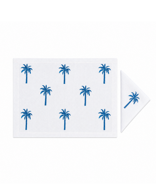 Blue Palm Trees (Placemat + Napkin) — hand-embroidered Italian linen placemat & napkin set | Maison Alia