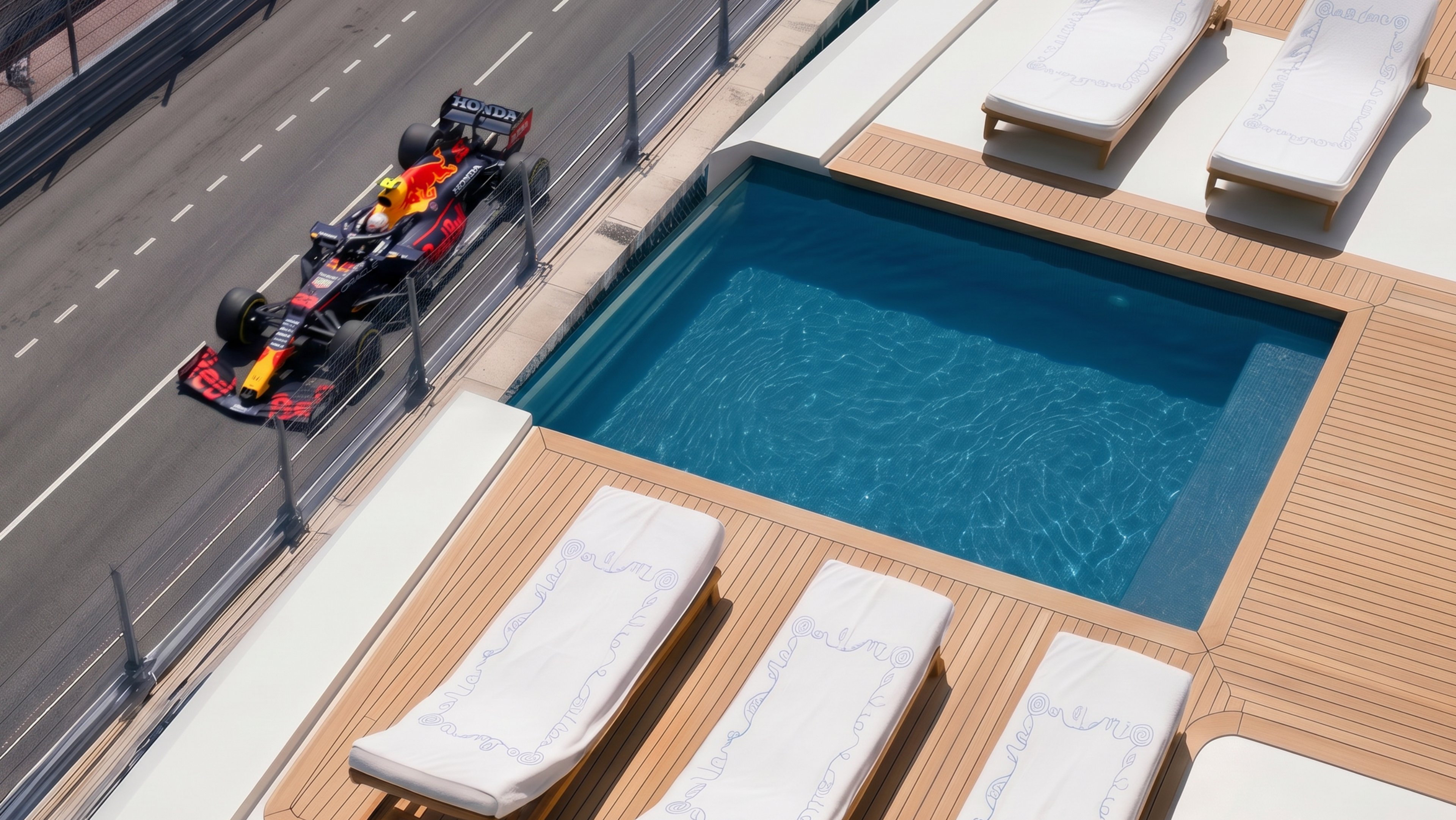 Formula 1 car on a track next to a pool with lounge chairs