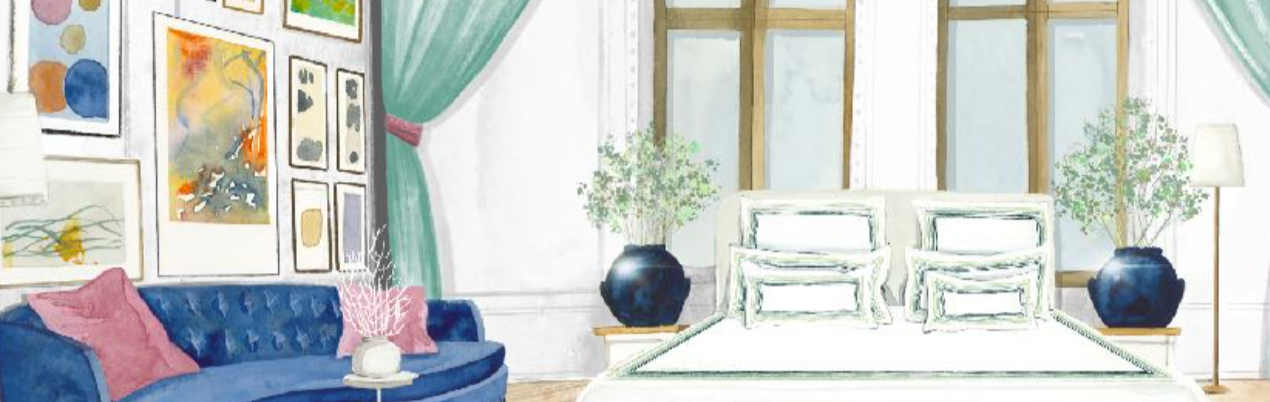 Modern living room with a blue sofa, white bed, and large windows.