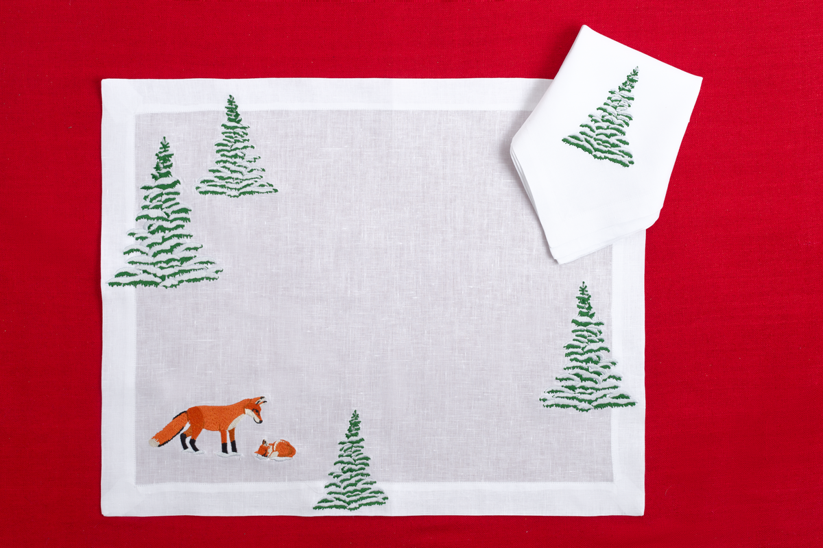 Volpe e Abeti — hand-embroidered Italian linen placemat, fox among firs | Maison Alia