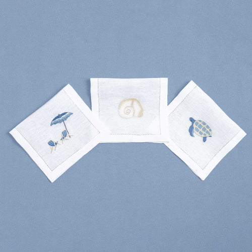 Blue Shells & Turtles - Cocktail Napkins — hand-embroidered Italian linen cocktail napkin | Maison Alia