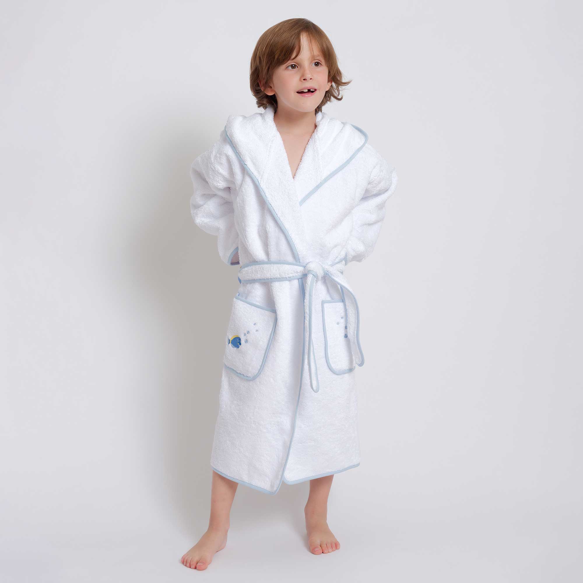 Kids - Bath Collection - Bathrobes (Light Blue Piping & Fish)