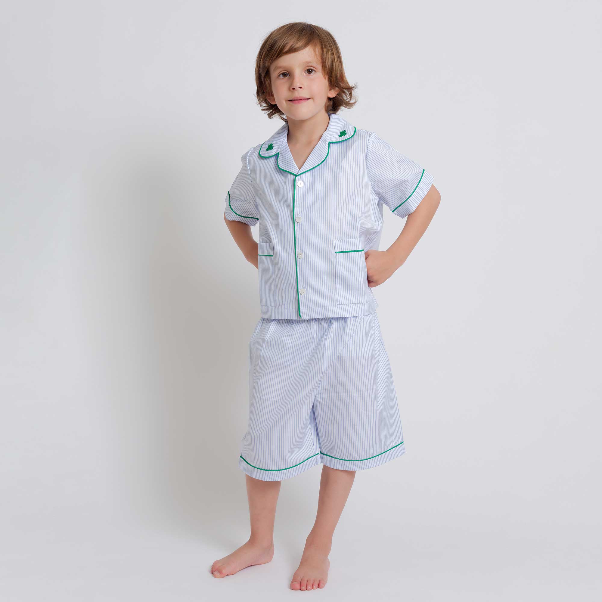 Kids - Pyjama Collection - Blue Stripes & Green Piping (Frogs)