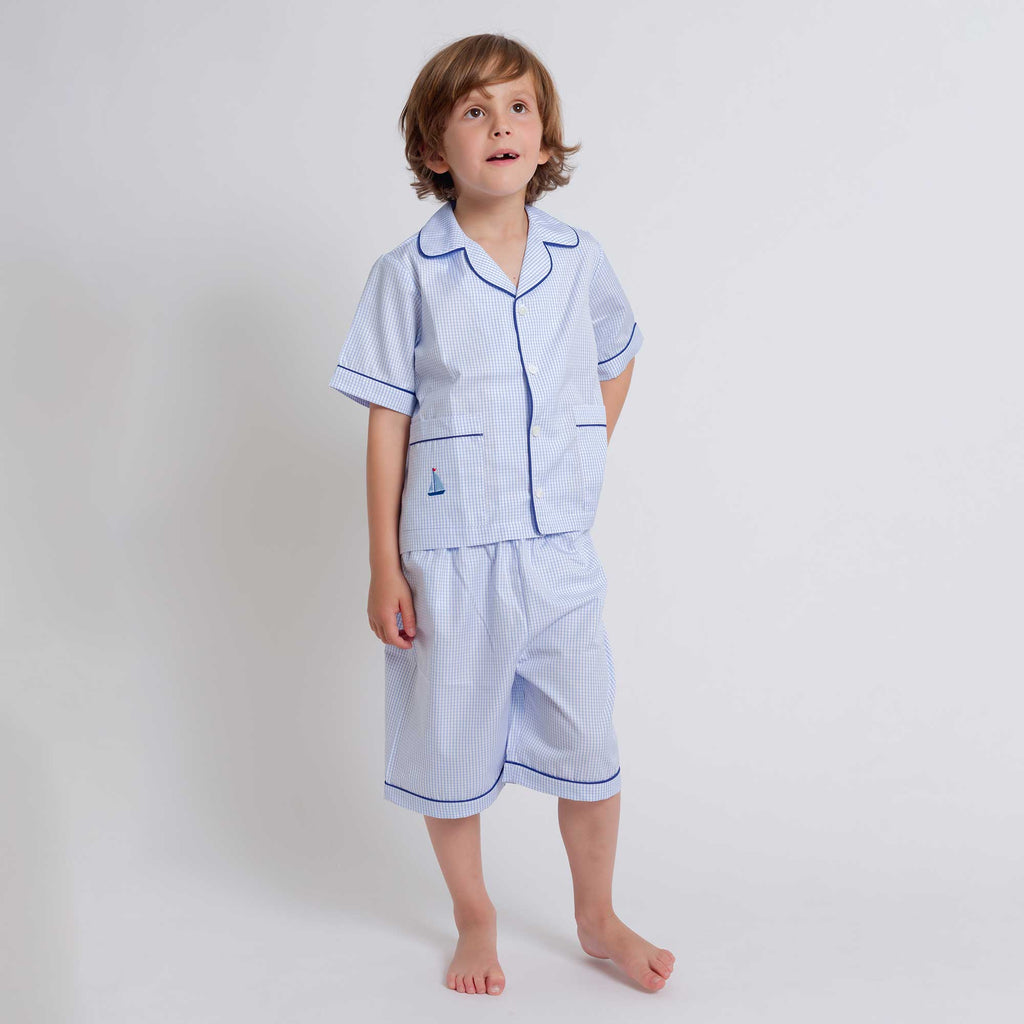 Kids - Pyjama Collection - Blue Stripes & Navy Piping (Sailboats)