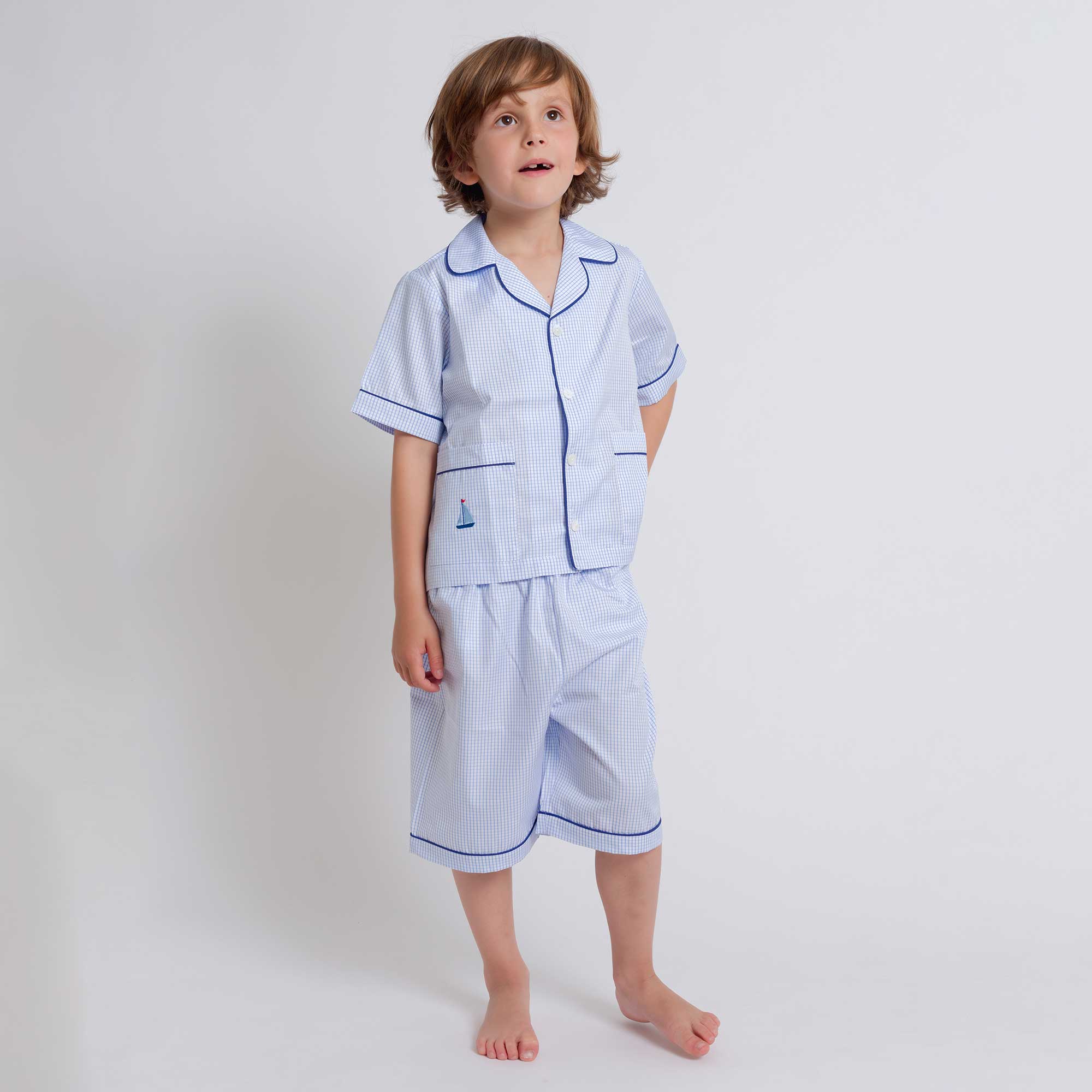 Kids - Pyjama Collection - Blue Stripes & Navy Piping (Sailboats)