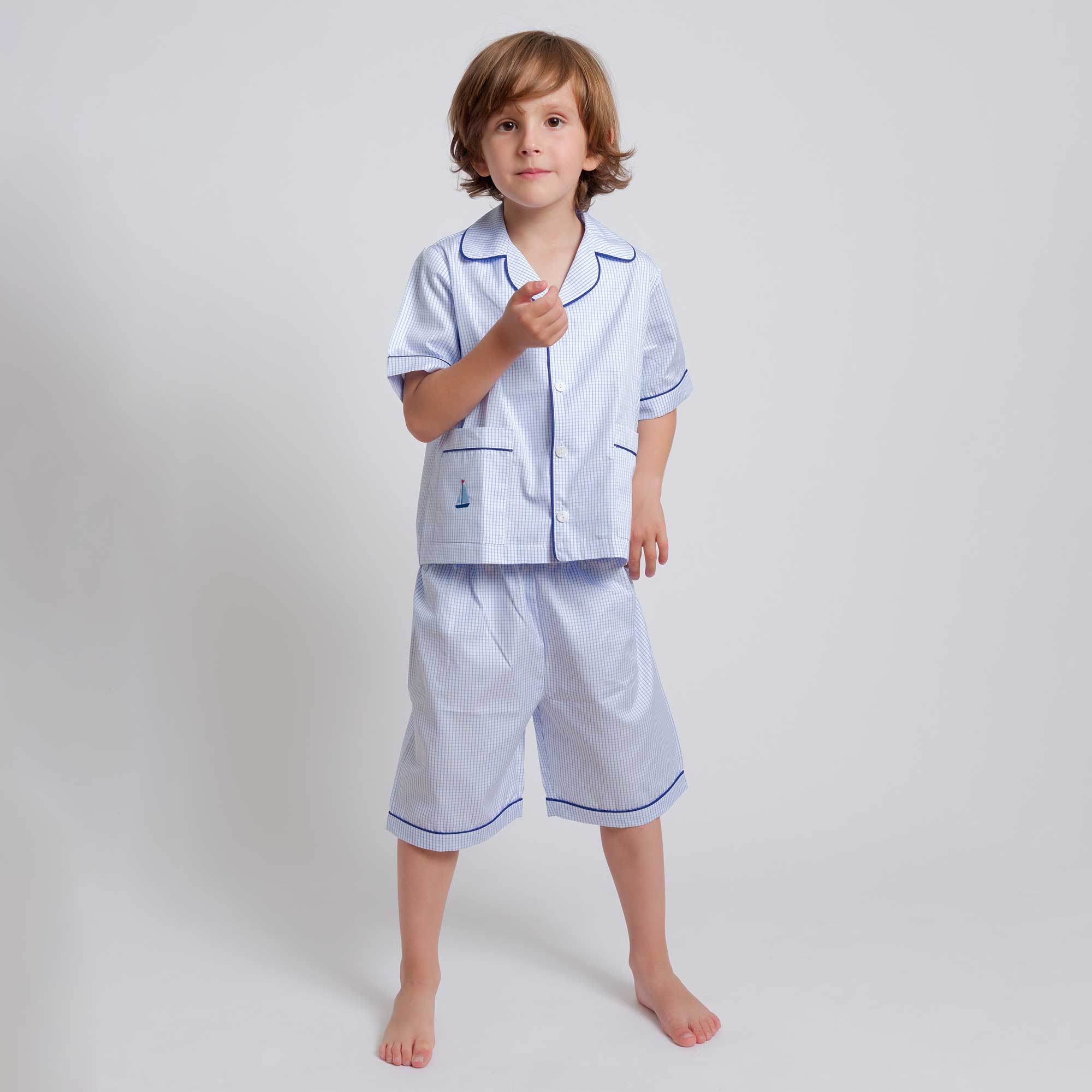 Kids - Pyjama Collection - Blue Stripes & Navy Piping (Sailboats)