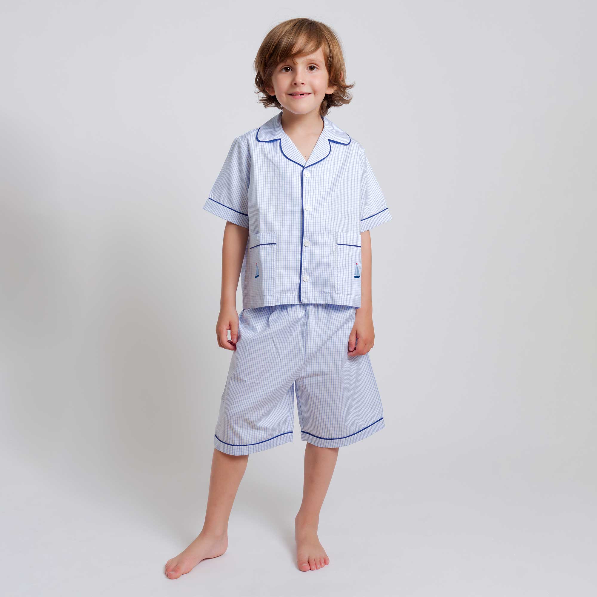 Kids - Pyjama Collection - Blue Stripes & Navy Piping (Sailboats)