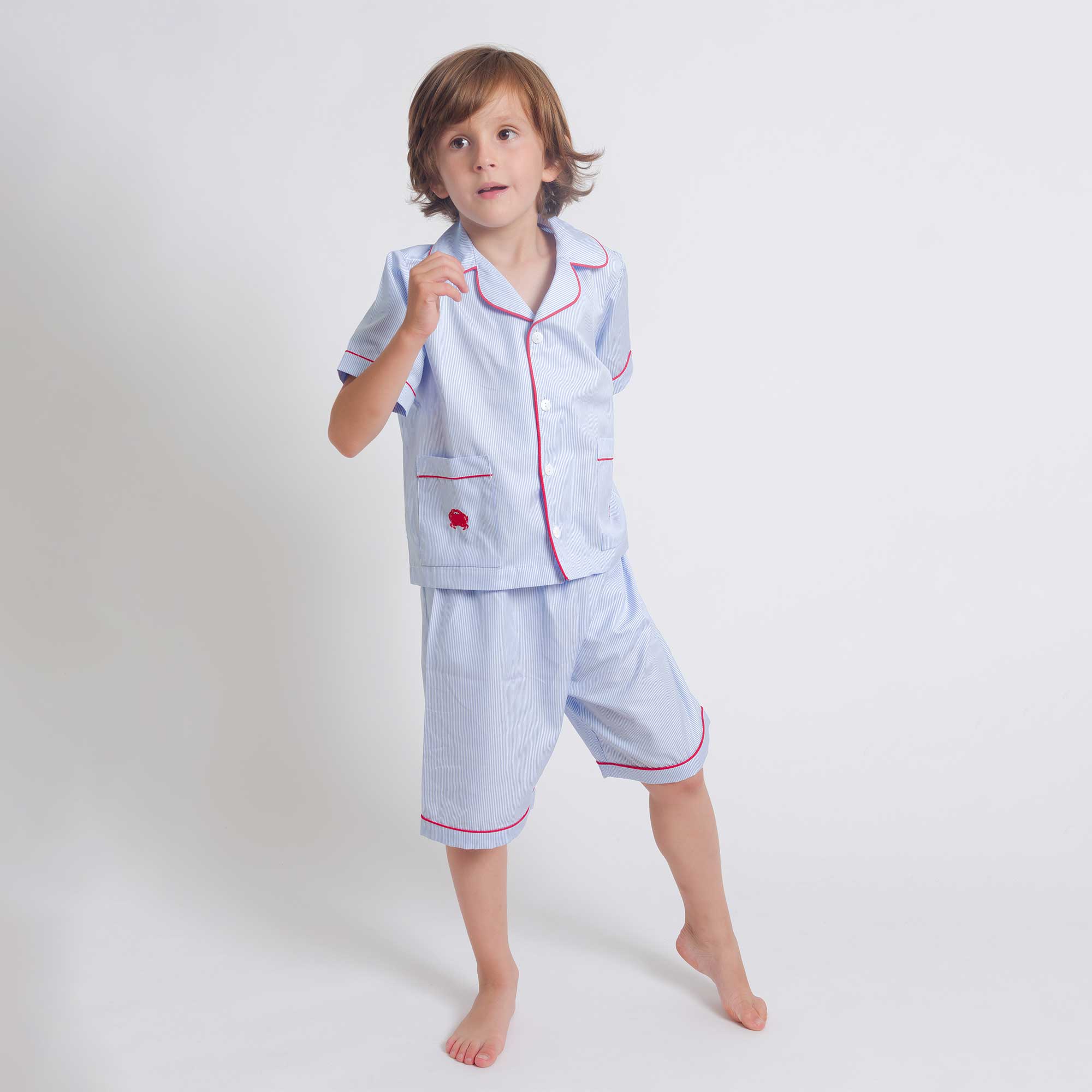 Kids - Pyjama Collection - Blue Stripes & Red Piping (Crabs)