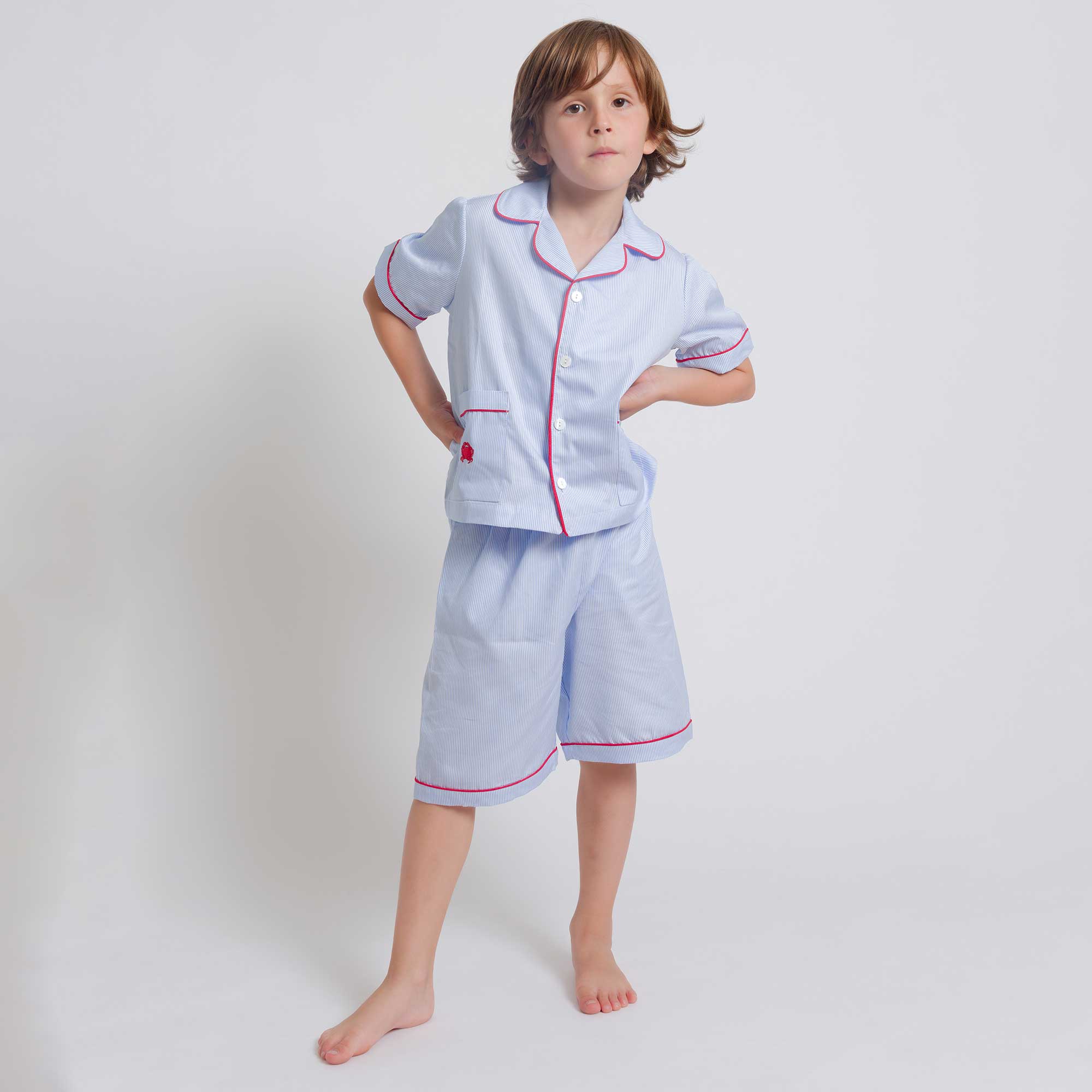Kids - Pyjama Collection - Blue Stripes & Red Piping (Crabs)