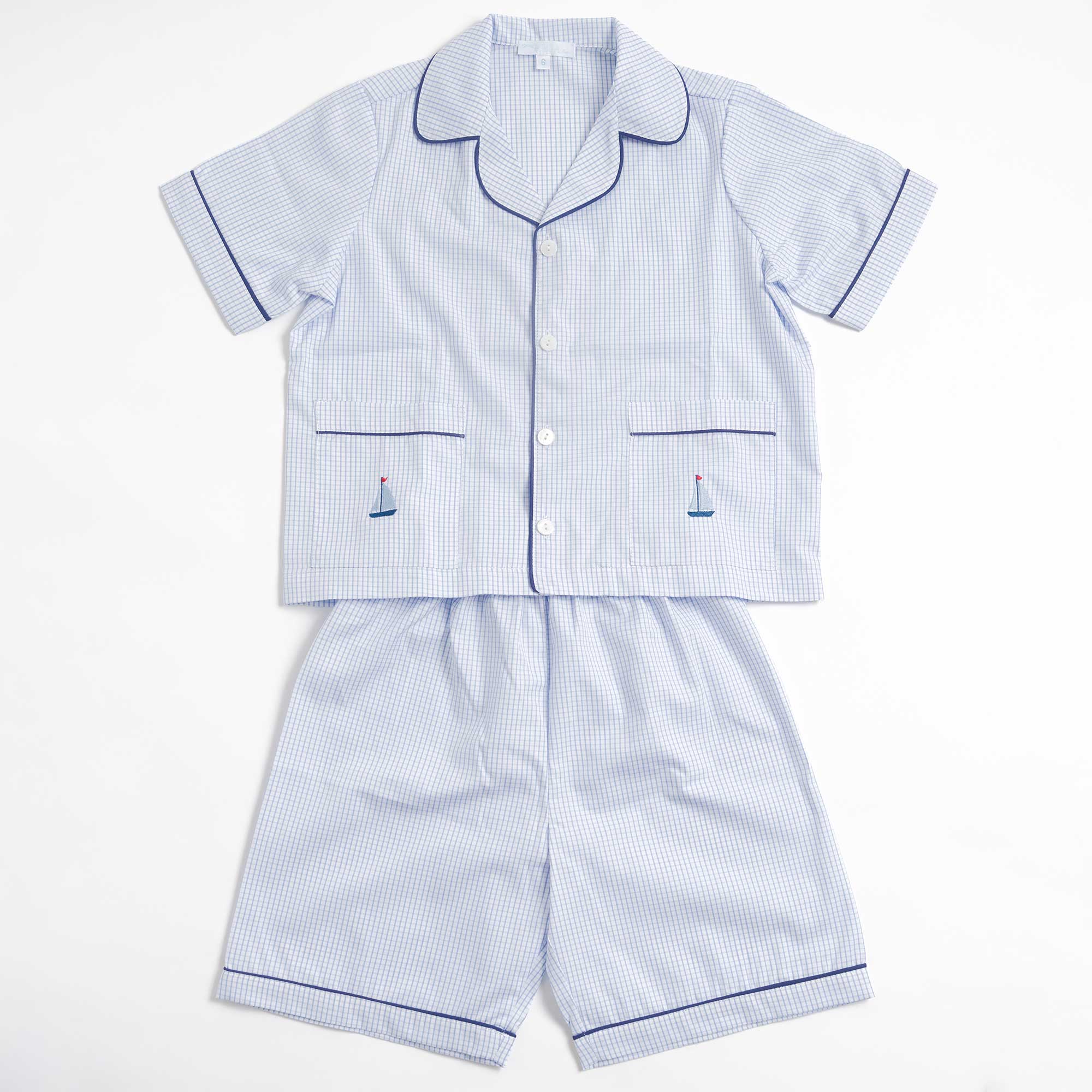 Kids - Pyjama Collection - Blue Stripes & Navy Piping (Sailboats)