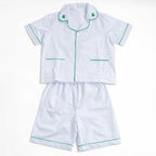 Kids - Pyjama Collection - Blue Stripes & Green Piping (Frogs)