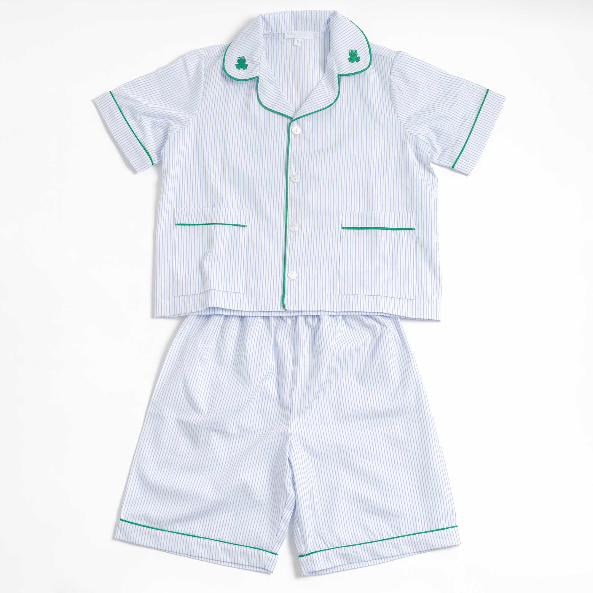 Kids - Pyjama Collection - Blue Stripes & Green Piping (Frogs)
