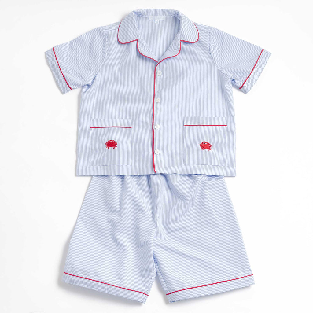Kids - Pyjama Collection - Blue Stripes & Red Piping (Crabs)