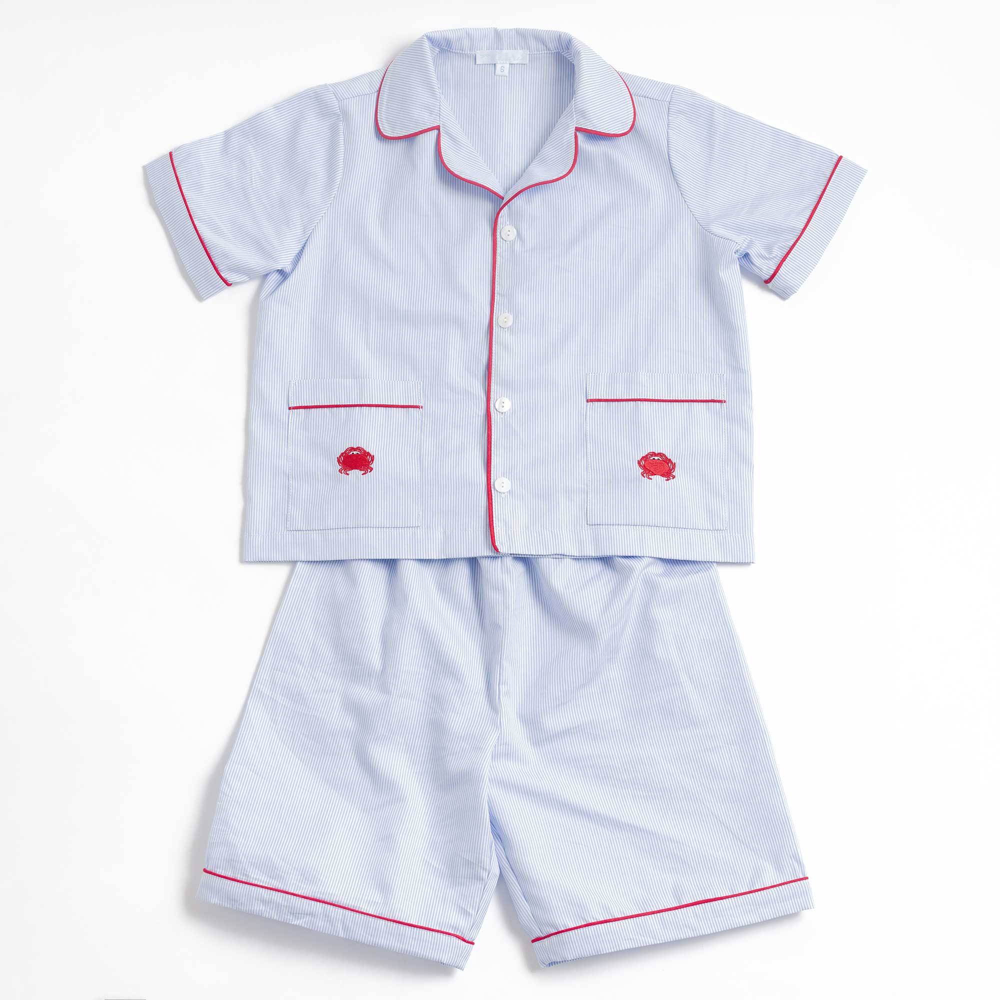 Kids - Pyjama Collection - Blue Stripes & Red Piping (Crabs)