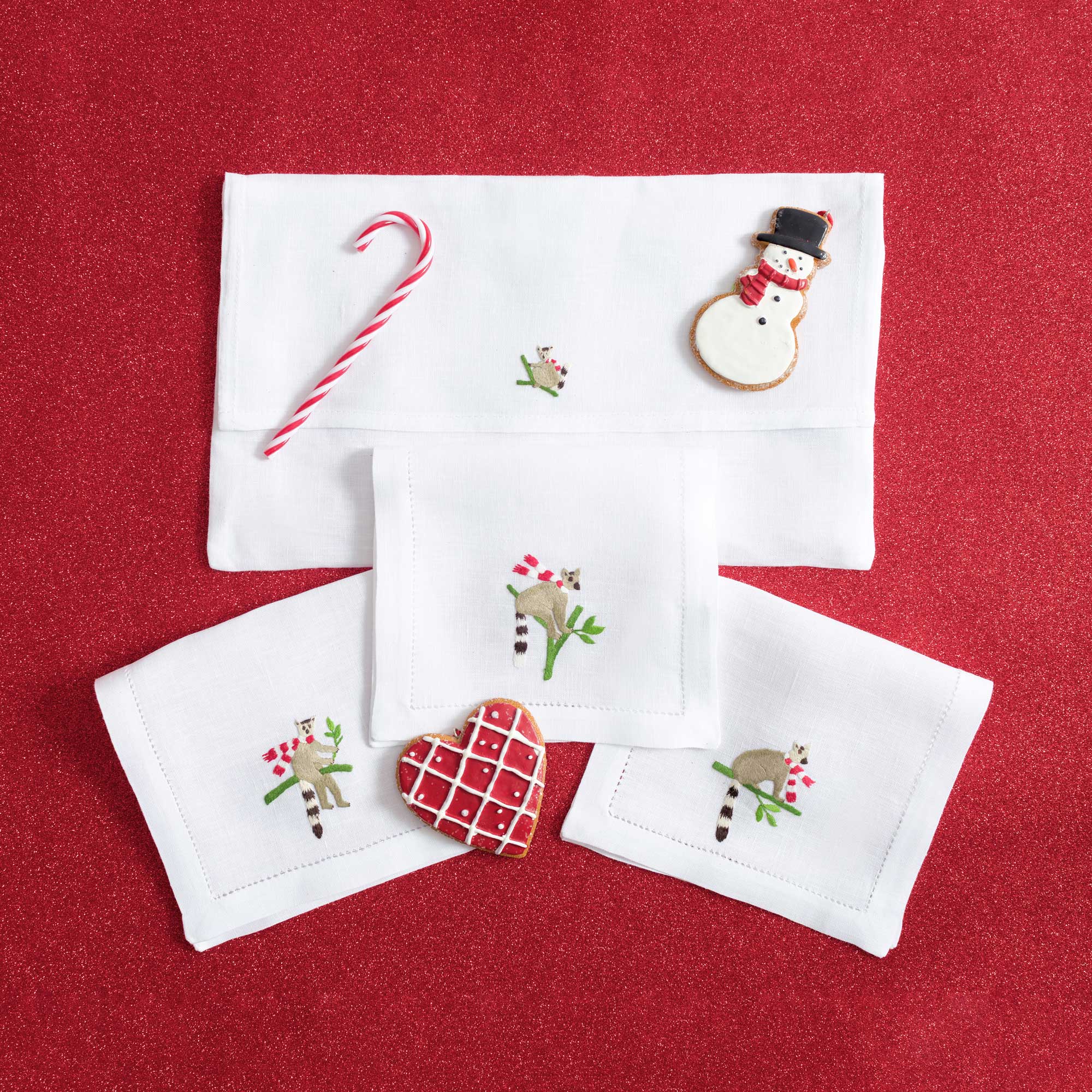 Table - Drink Placemat - Winter Lemurs (Hand Embroidered)