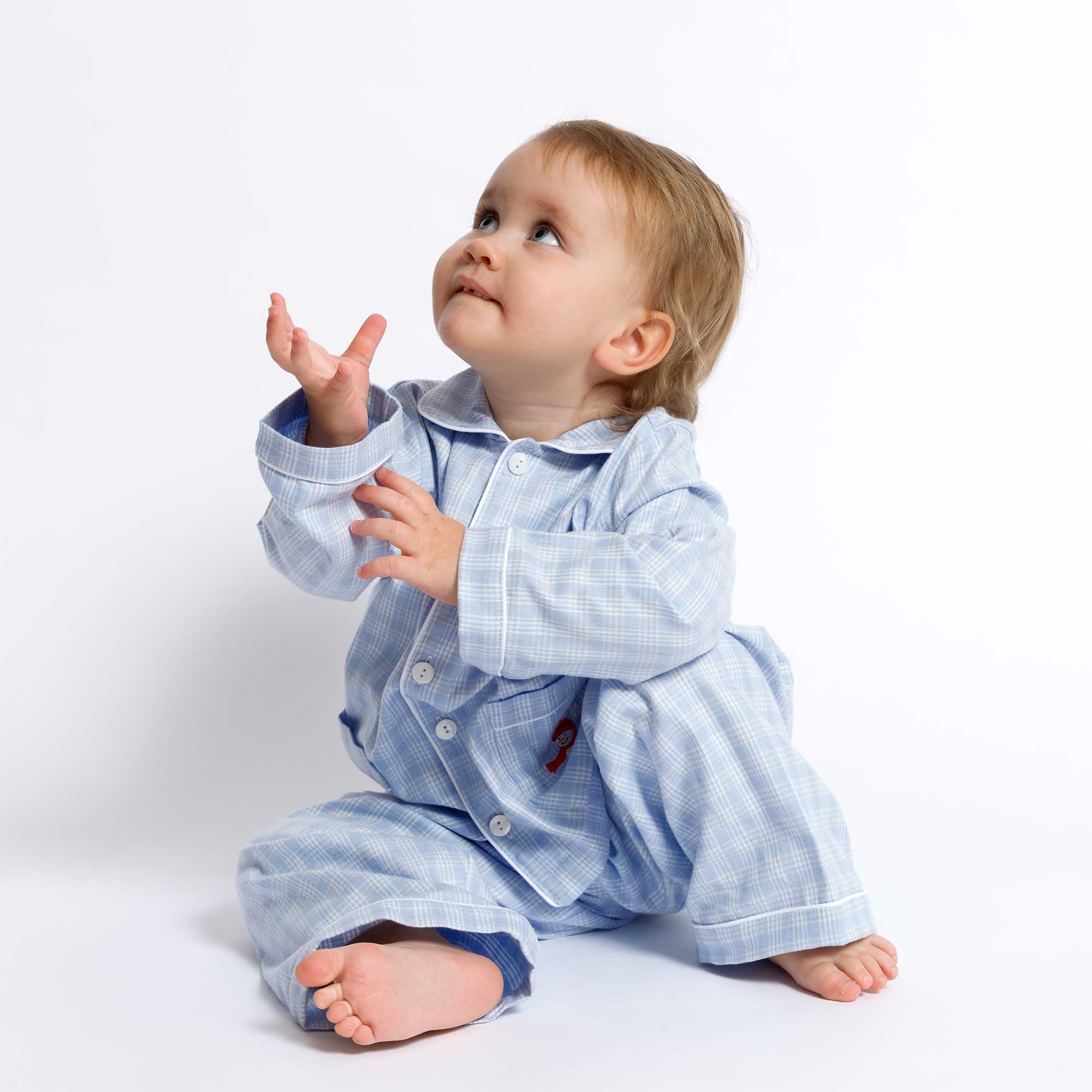 Kids - Pyjama Collection - Checkered Blue & White Piping (Snowman)
