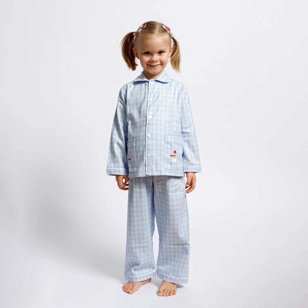 Kids - Pyjama Collection - Checkered Blue & White Piping (Snowman)