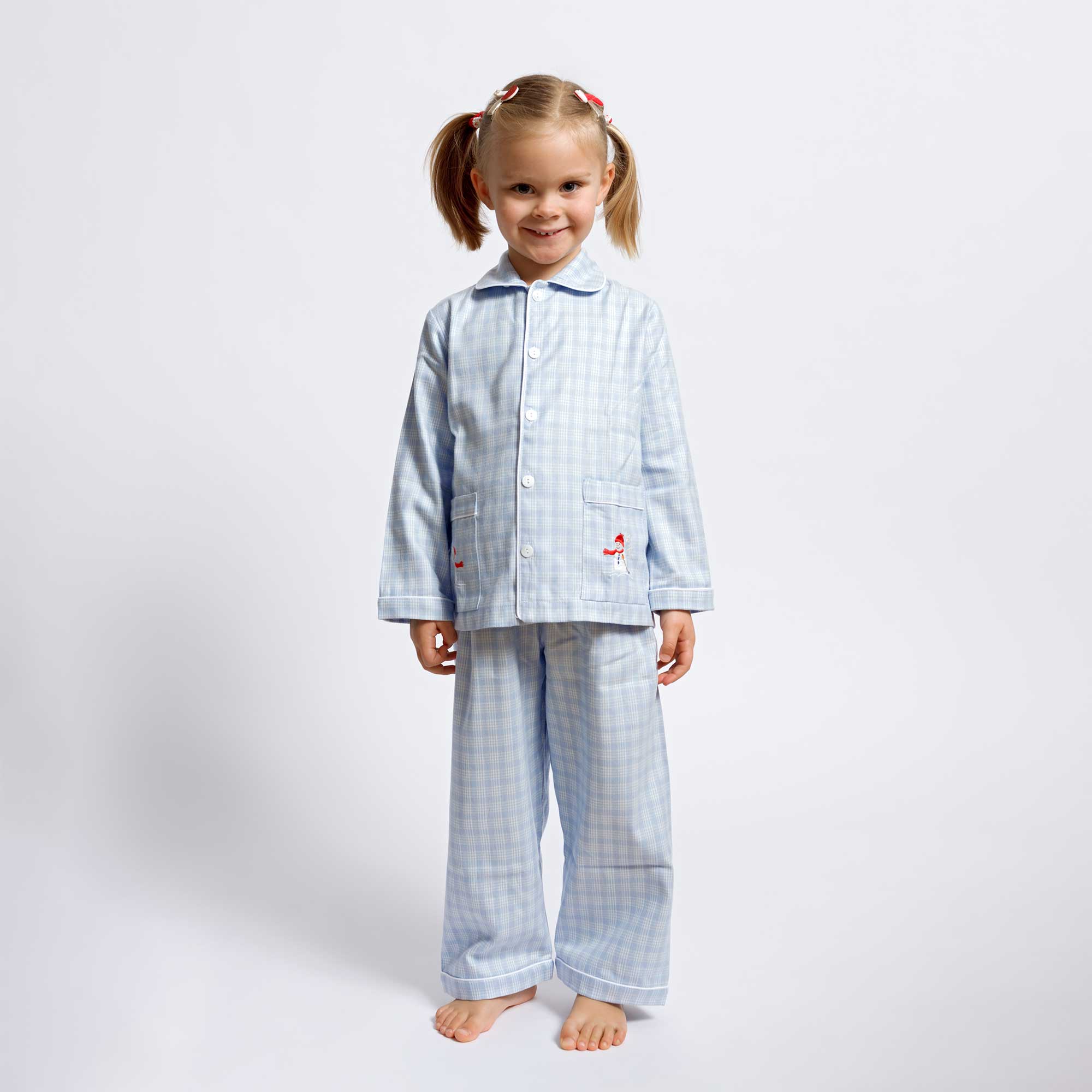 Kids - Pyjama Collection - Checkered Blue & White Piping (Snowman)