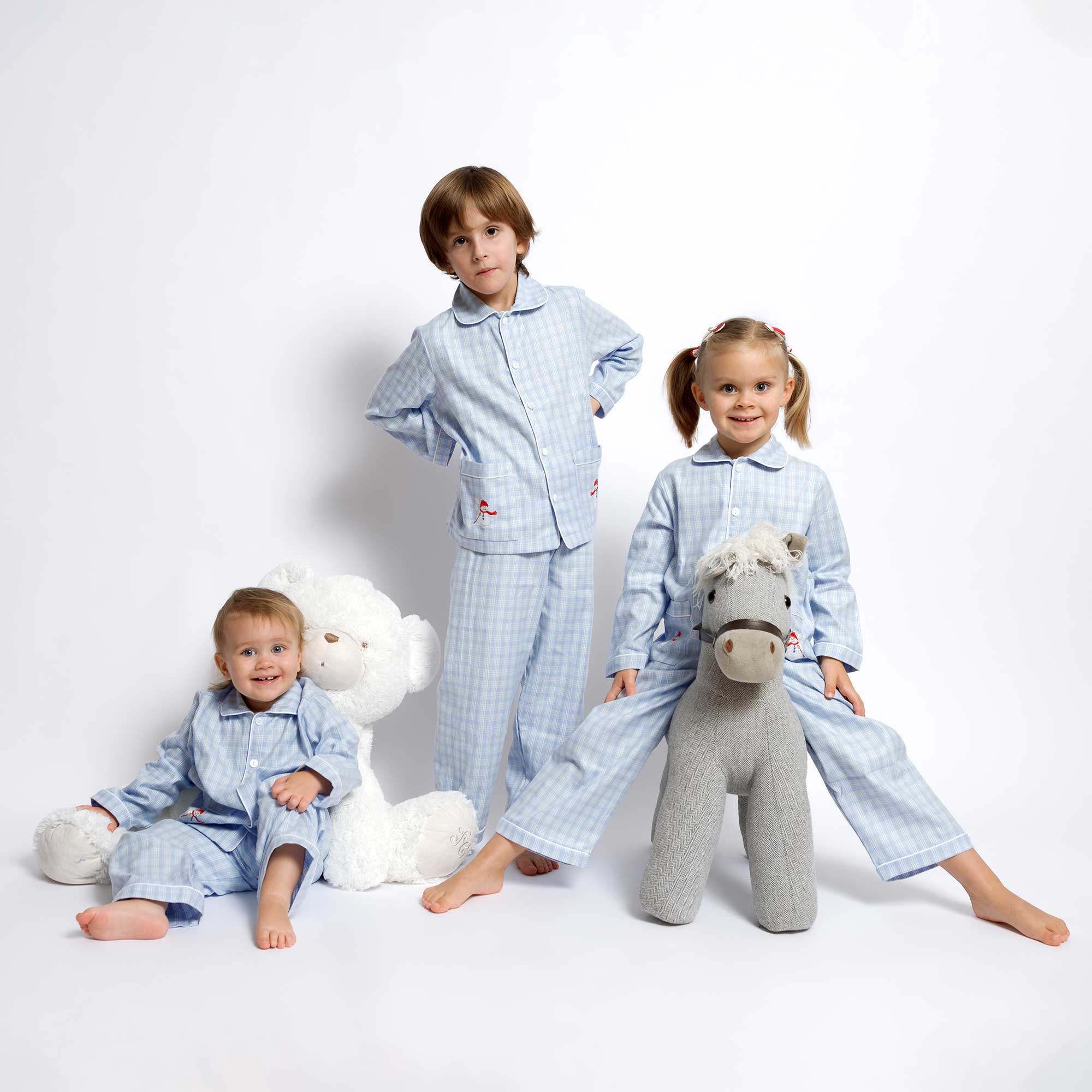 Kids - Pyjama Collection - Checkered Blue & White Piping (Snowman)