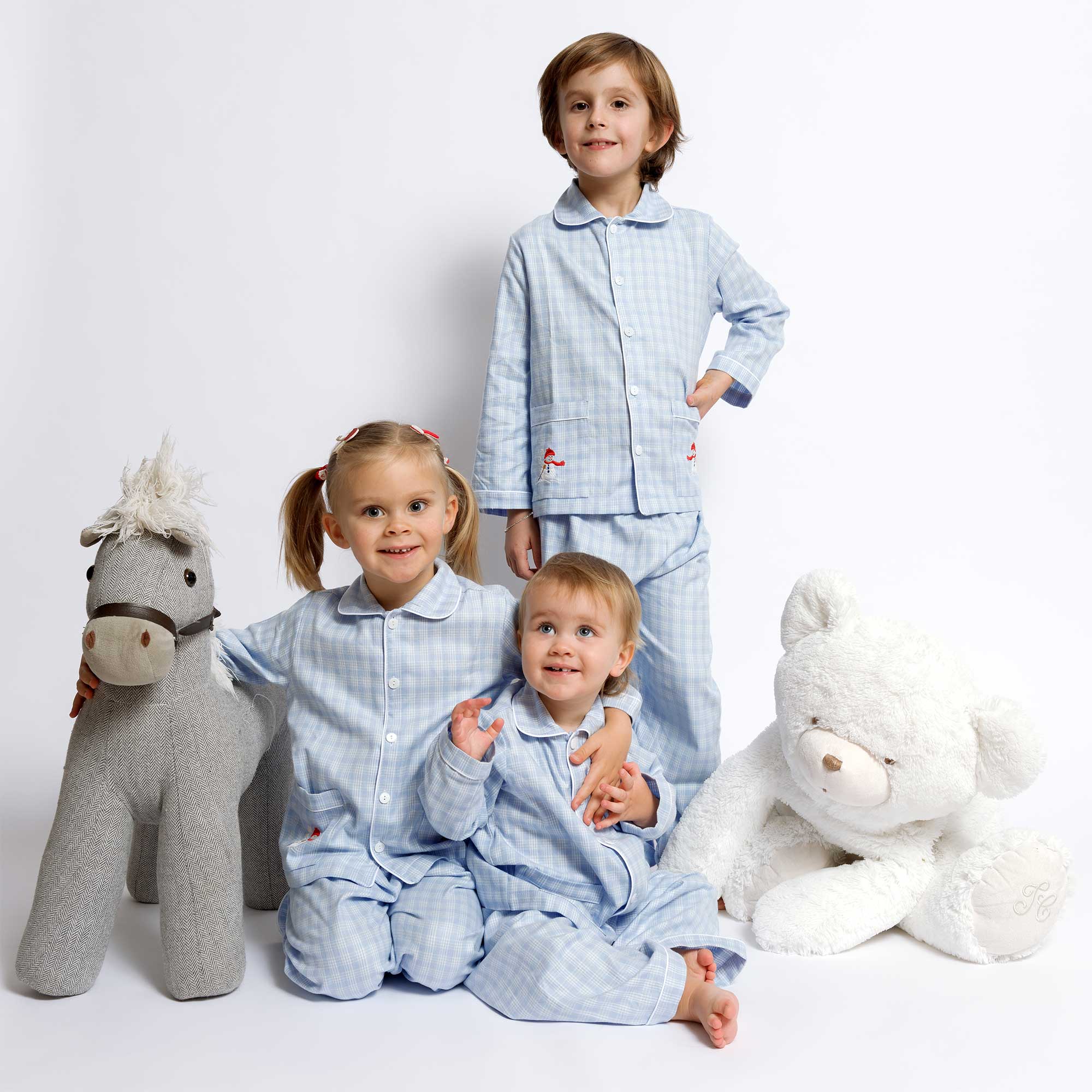 Kids - Pyjama Collection - Checkered Blue & White Piping (Snowman)