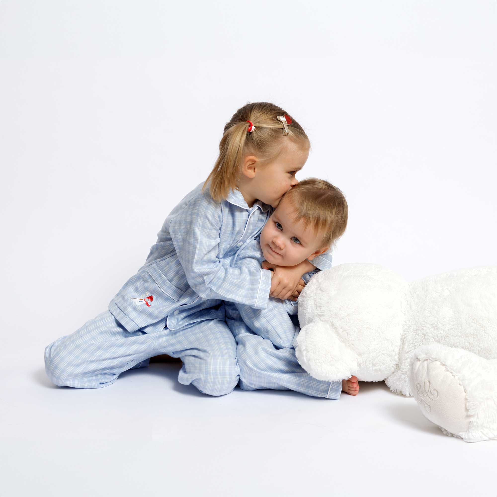 Kids - Pyjama Collection - Checkered Blue & White Piping (Snowman)