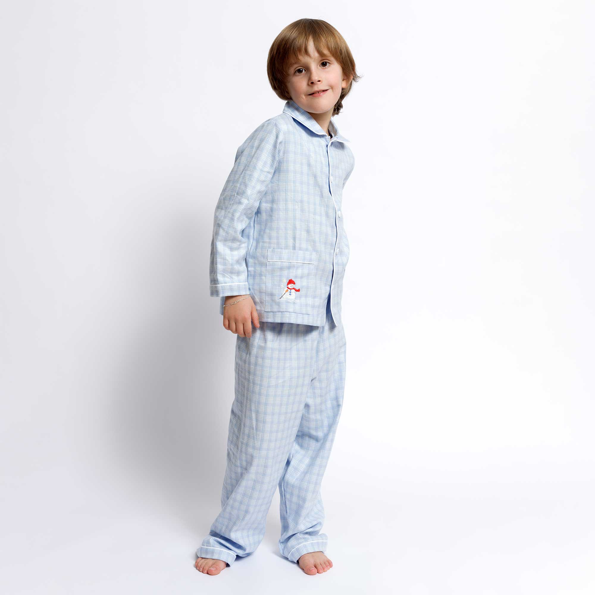 Kids - Pyjama Collection - Checkered Blue & White Piping (Snowman)