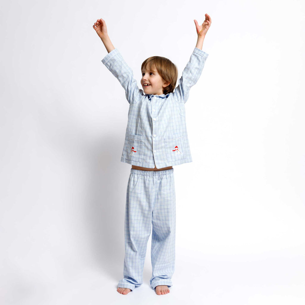 Kids - Pyjama Collection - Checkered Blue & White Piping (Snowman)