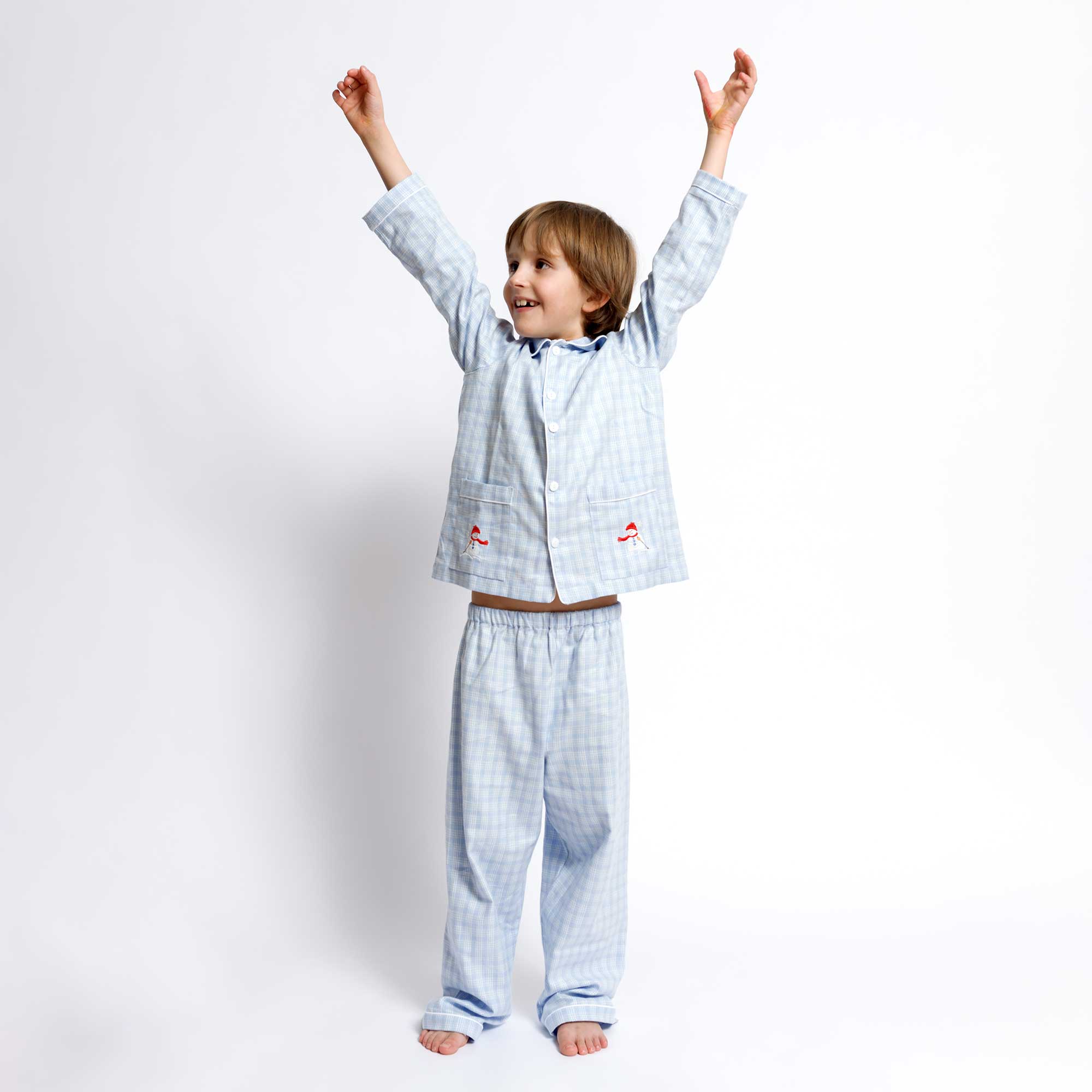 Kids - Pyjama Collection - Checkered Blue & White Piping (Snowman)