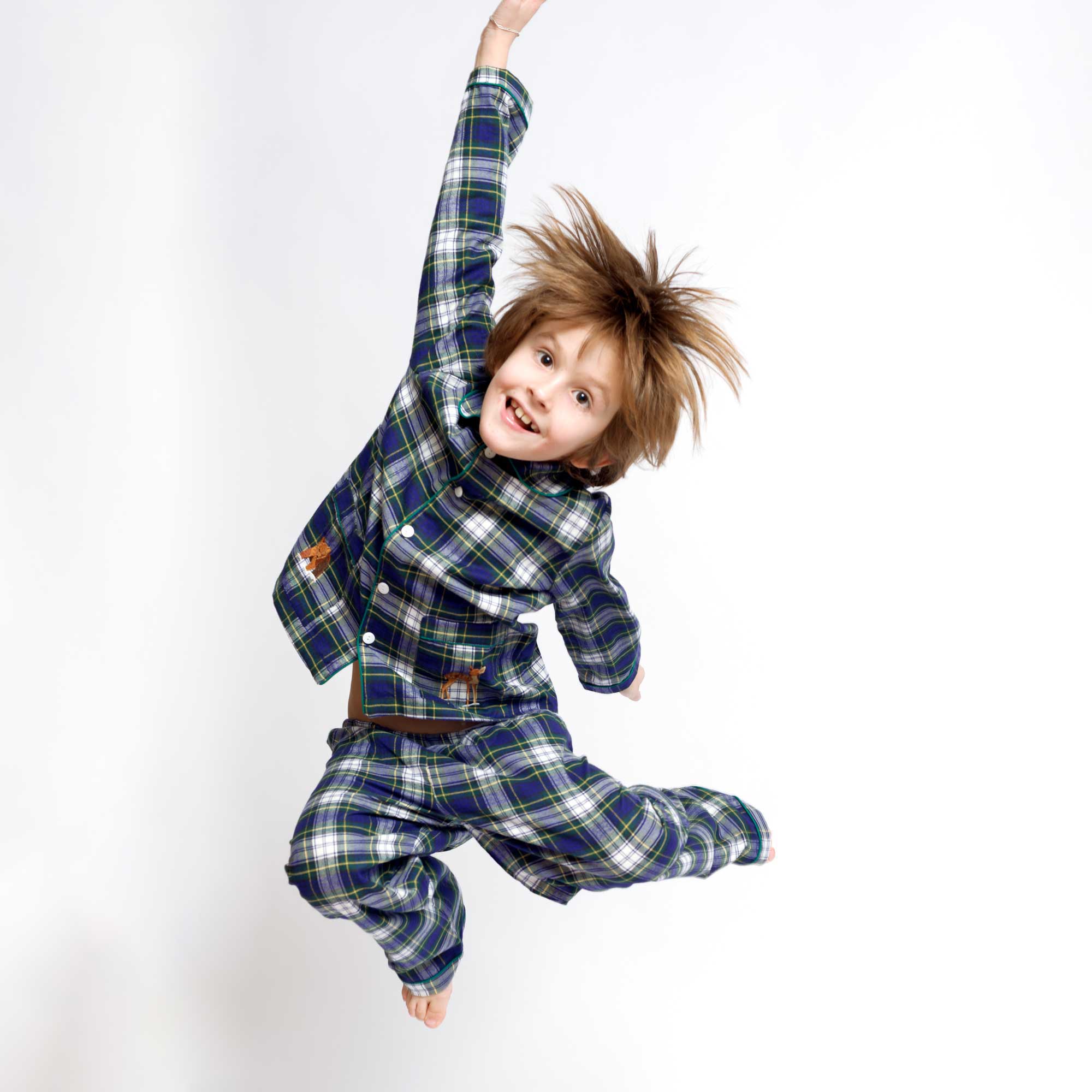 Kids - Pyjama Collection - Scottish Checkered Blue & Green Piping (Mountain Animals)