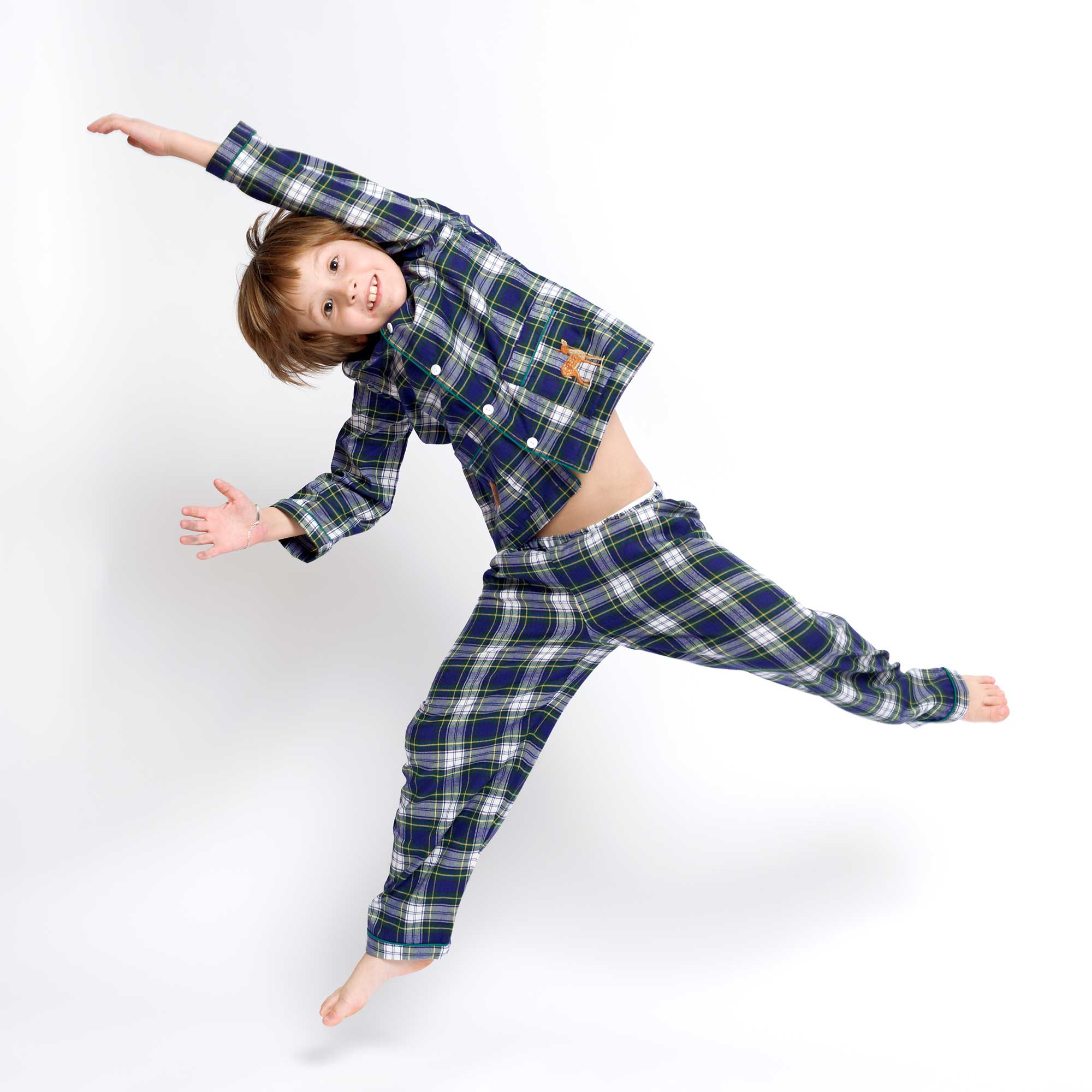 Kids - Pyjama Collection - Scottish Checkered Blue & Green Piping (Mountain Animals)