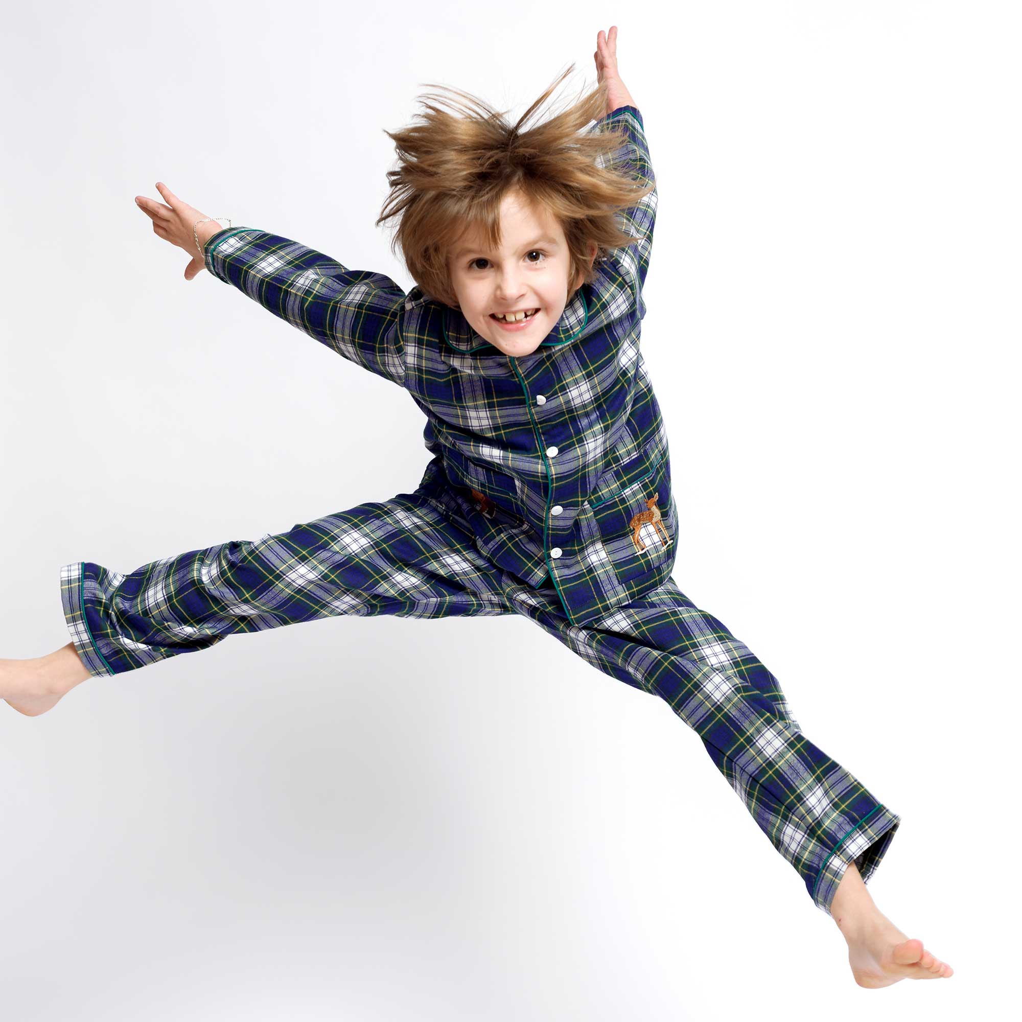 Kids - Pyjama Collection - Scottish Checkered Blue & Green Piping (Mountain Animals)