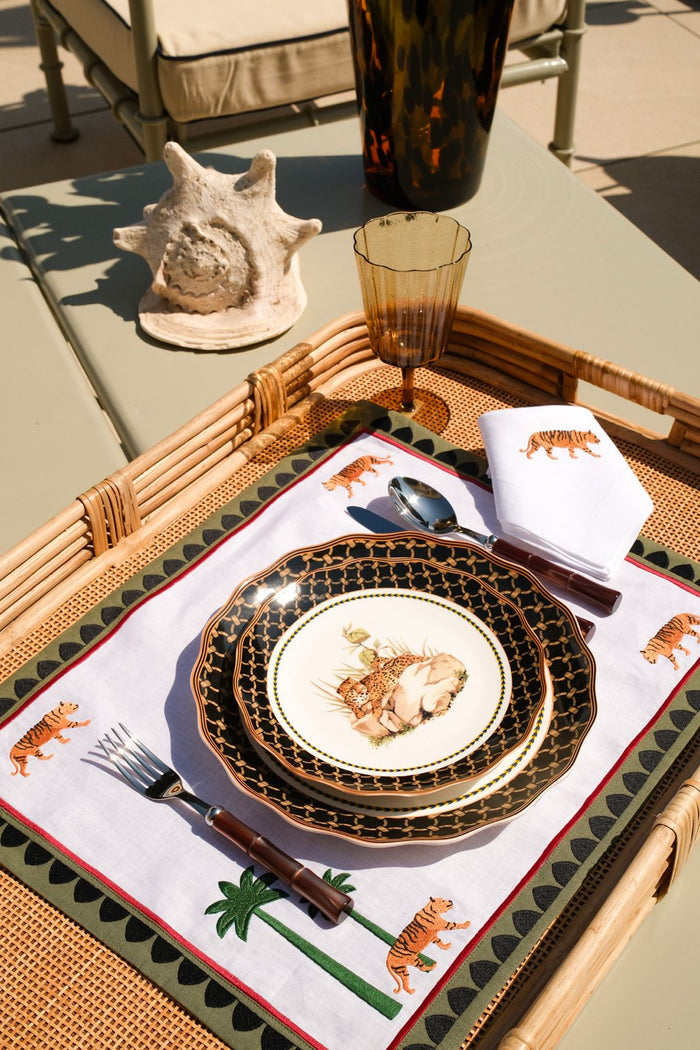 Hand-embroidered monogram on Maison Alia linen, made to order in Tuscany