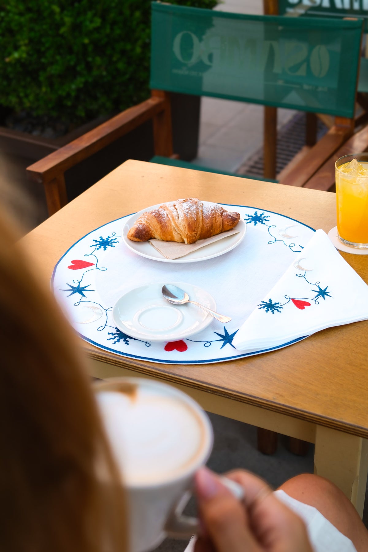Amuleti round linen placemat with navy celestial embroidery — Maison Alia