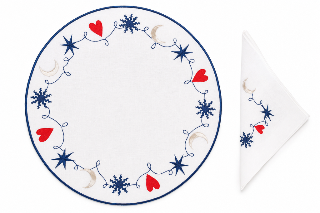 Amuleti embroidered linen placemat and napkin set — Maison Alia
