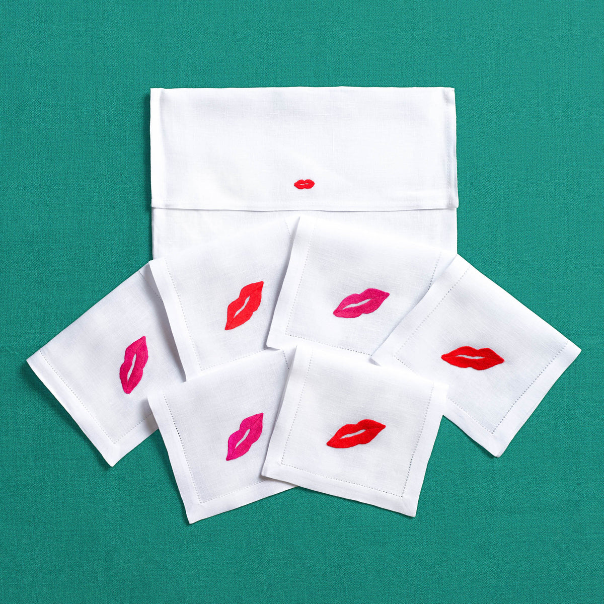 Bisous embroidered kisses linen cocktail napkins — Maison Alia