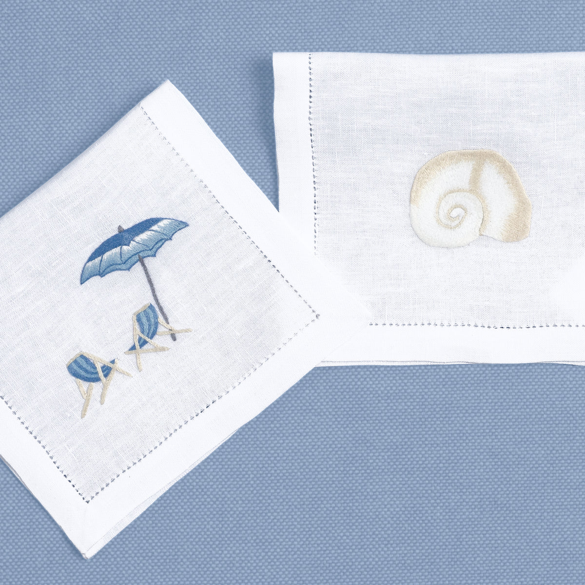 Blue Shells & Turtles embroidered linen cocktail napkins — Maison Alia
