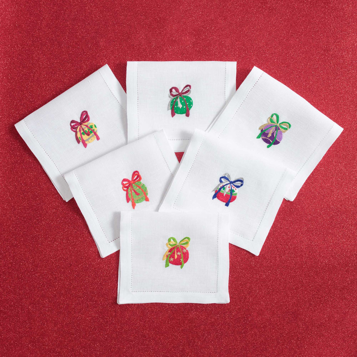 Christmas Ornaments embroidered linen cocktail napkins — Maison Alia