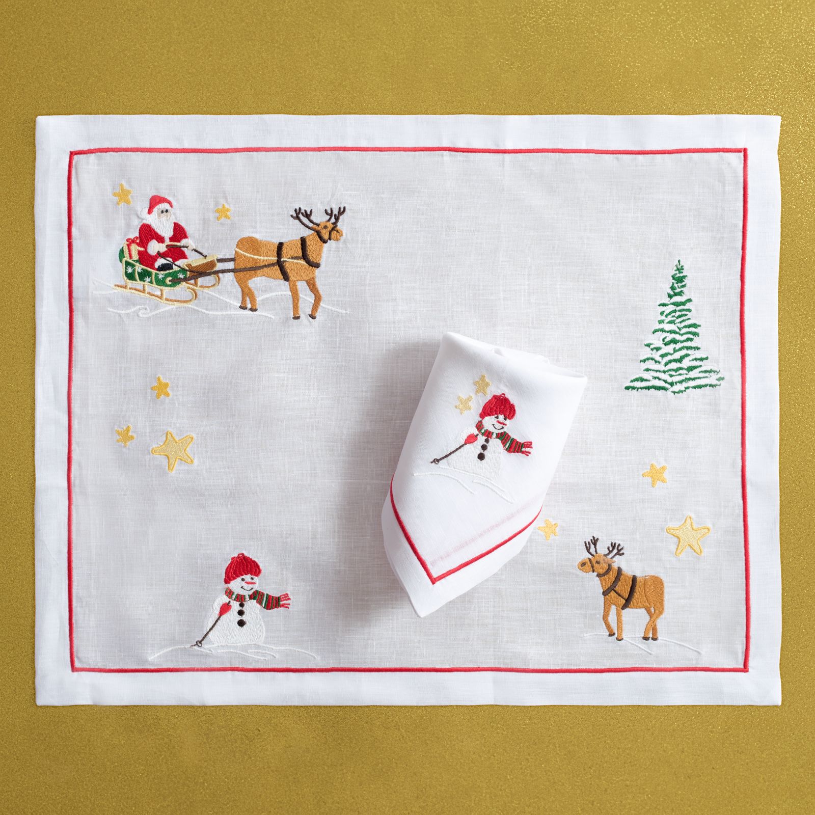Christmas Wonderland (Placemat + Napkin) — hand-embroidered Italian linen placemat & napkin set | Maison Alia