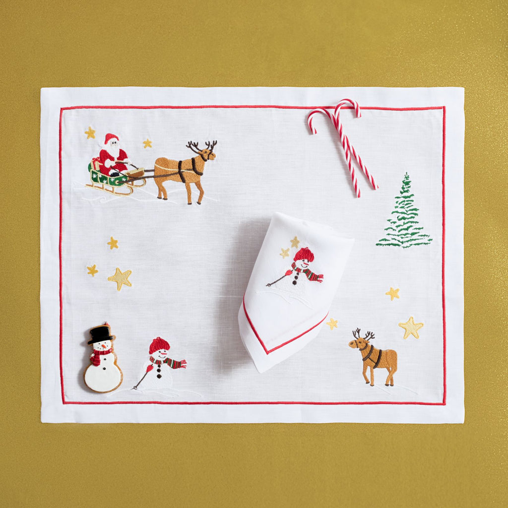 Christmas Wonderland (Placemat + Napkin) — hand-embroidered Italian linen placemat & napkin set | Maison Alia