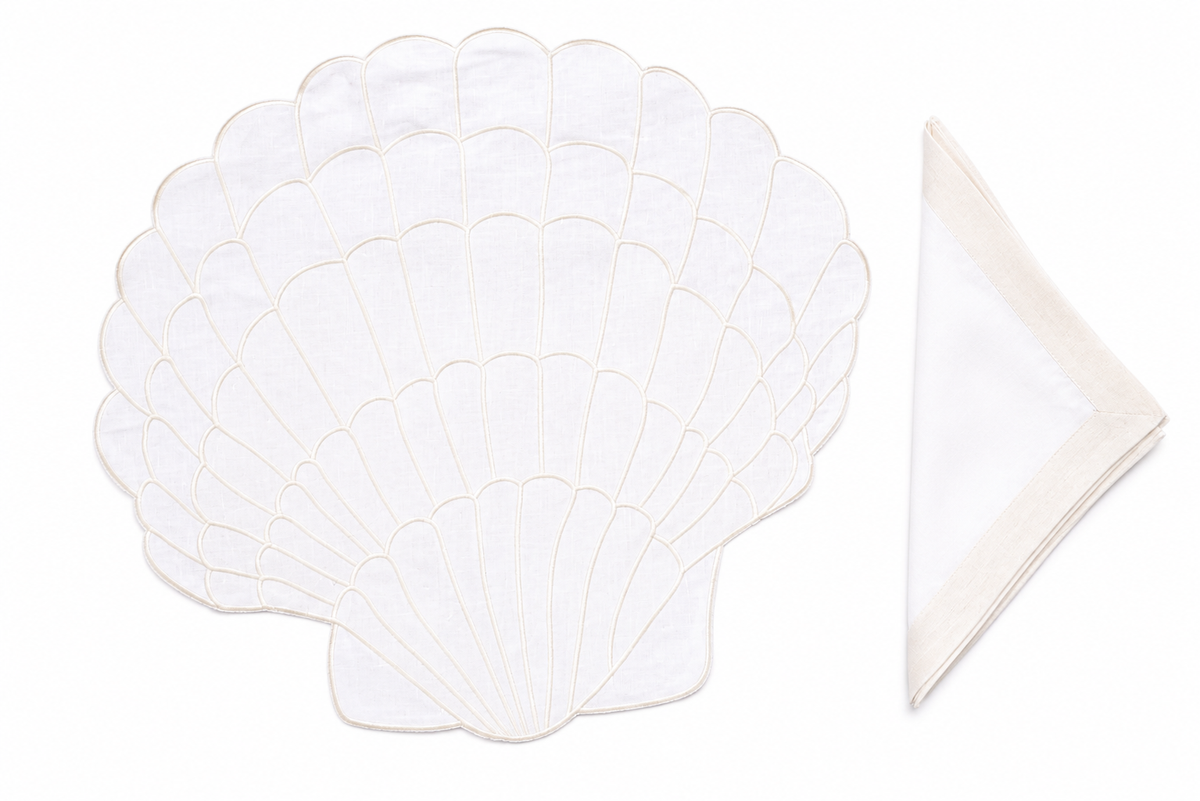 Conchiglia scallop-shell linen placemat and napkin set with ivory embroidery — Maison Alia