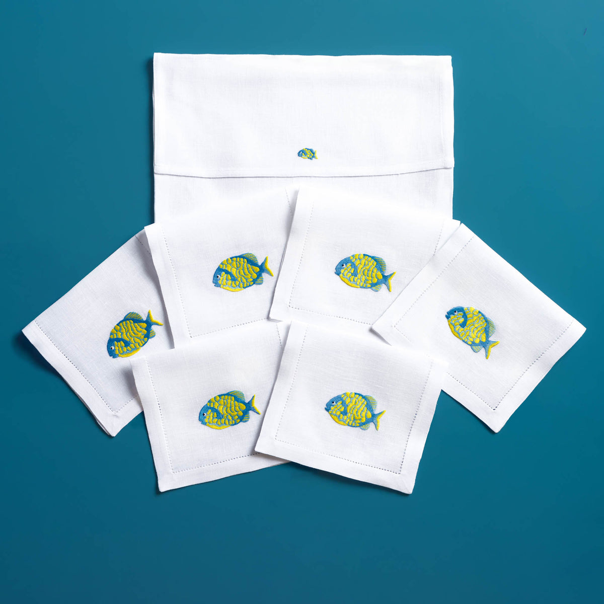 Exotic Fishes embroidered tropical fish linen cocktail napkins — Maison Alia