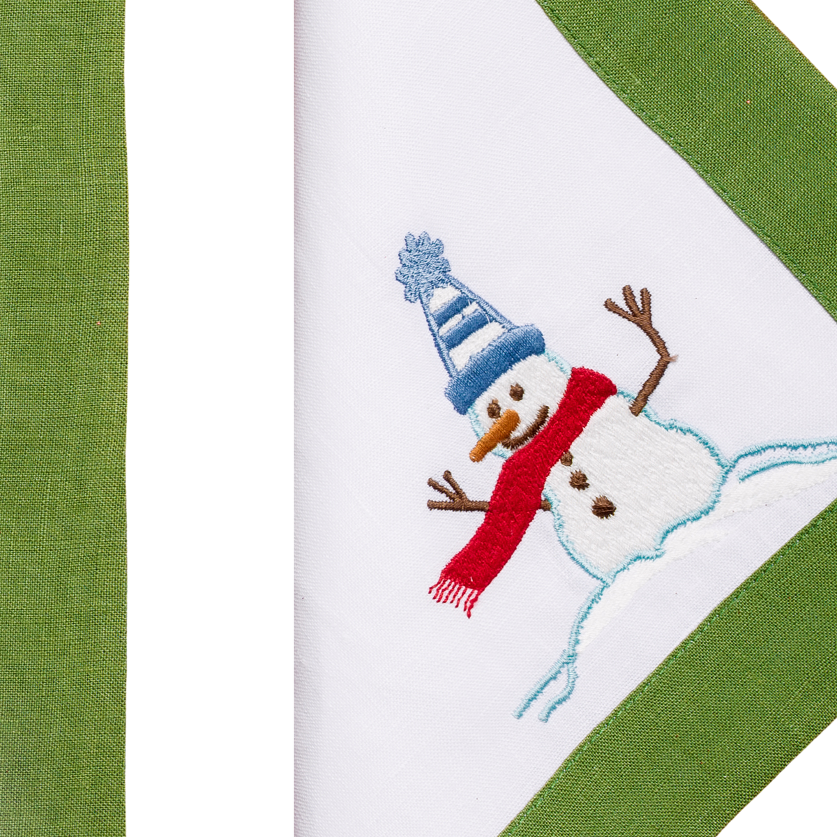 Close-up of embroidered snowman on white linen within green border