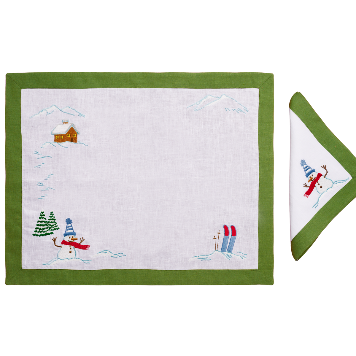 Festa di Neve embroidered snowmen linen placemat and napkin set — Maison Alia