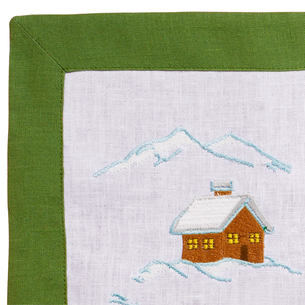 Festa di Neve linen placemat with embroidered snowmen and green border — Maison Alia
