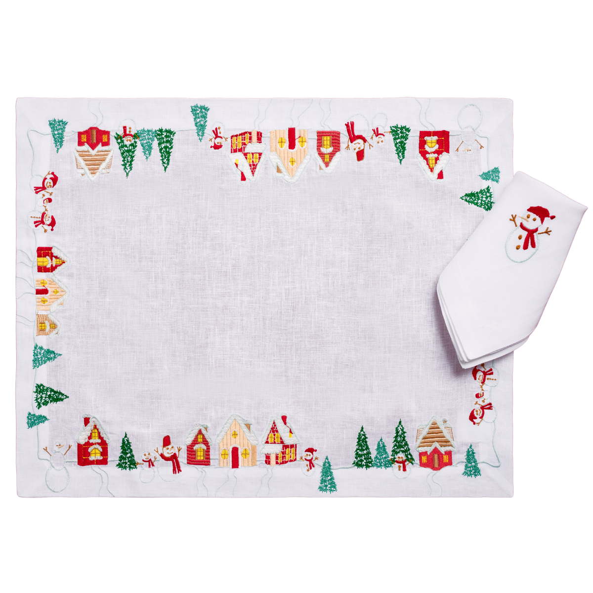 Fête d'Hiver embroidered snowmen and chalets linen placemat and napkin set — Maison Alia