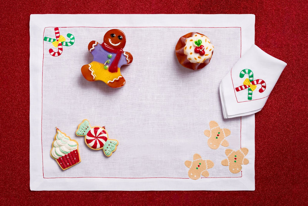 Gingerbread Men (Placemat + Napkin) — hand-embroidered Italian linen placemat & napkin set | Maison Alia