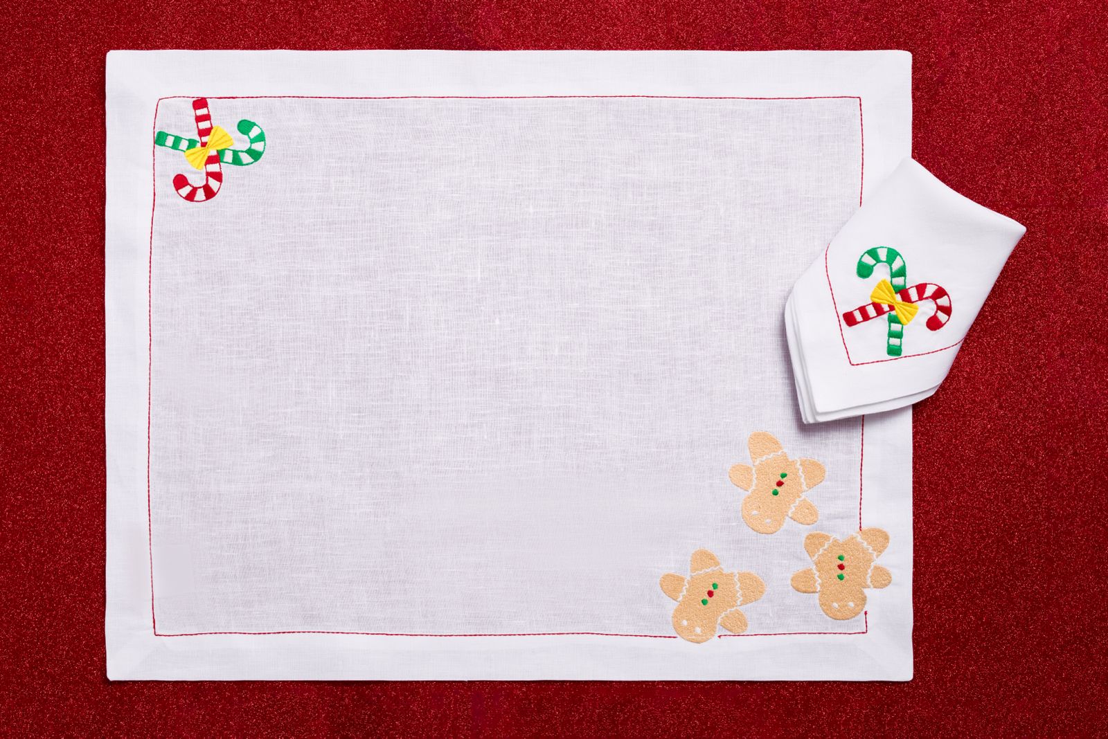 Gingerbread Men (Placemat + Napkin) — hand-embroidered Italian linen placemat & napkin set | Maison Alia