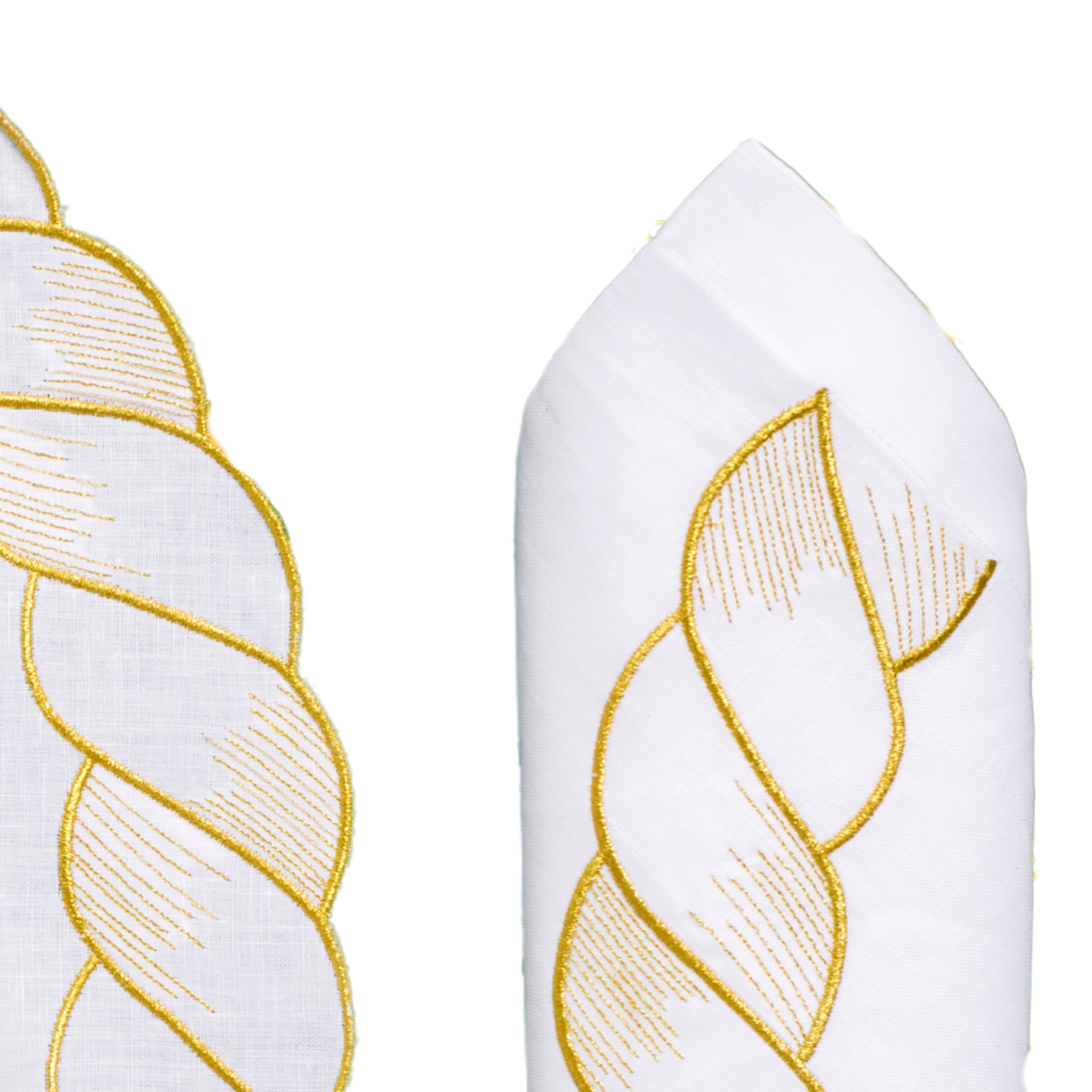 Close-up of golden embroidered braid on round white linen